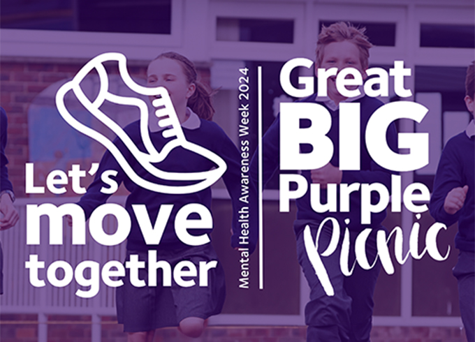 Feature tile 1 Let's Move together, the Great Big Purple Picnic. Action Mental Health Awareness Week 2024