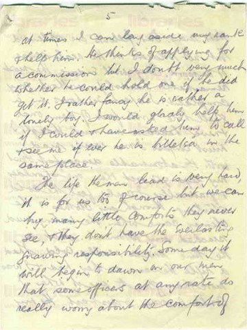 COU 031. Letter from Coulson to Elliott 27 February 1916. France. Gas advisor, snow, newspaper reporting, McCausland, officers and their men, trenches. Page five of eight. 