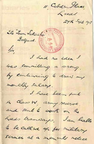 BUT 017 V2. 	Letter from Butler to Town Solicitor [John McCormick] 27 September 1917. Leeds. Army reserve, Leeds Tramways, wages. Page one of four. 