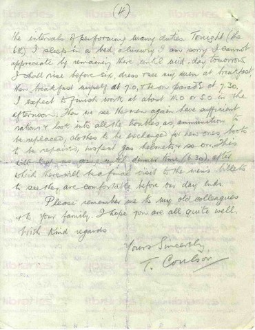 COU 028. Letter from Coulson to Elliott 5 December 1915. France. Trenches. Page four of four. 