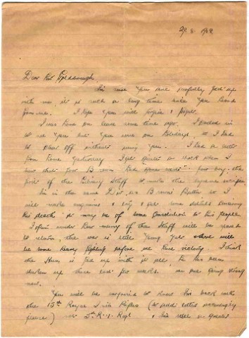 McC 020. Letter from McCausland to Goldsbrough 29 August 1918. Brown's death, moved 15th R.I.R., meets Roy and Coulson. Page one of two. 