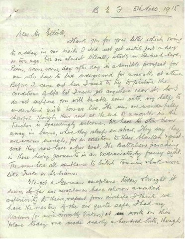 COU 028. Letter from Coulson to Elliott 5 December 1915. France. Trenches. Page one of four. 
