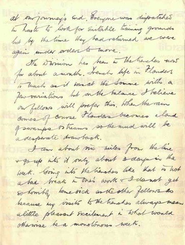 COU 037. Letter from Coulson to Elliott 23 August 1916. France. Long march, trenches, German air raids. Page two of four. 