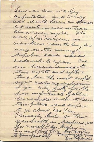 FIT 014. Letter from Fitzsimons to Elliott 18 December 1916. France. Christmas wishes, Serious Surgical Ward. Page two of two. 