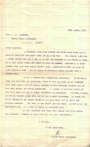 EAG 009. Letter from Goldsbrough to Eagleson 25 April 1917. Letters to the front, other staff at war, library matters. Page one of one. 