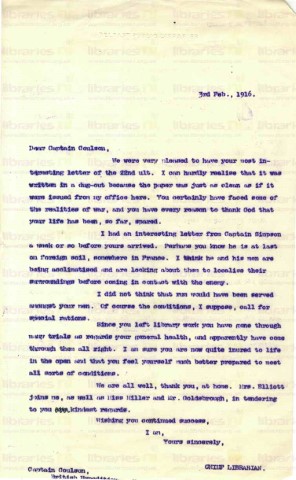 COU 030. Letter from Elliott to Coulson 3 February 1916. Simpson, life at war. Page one of one. 