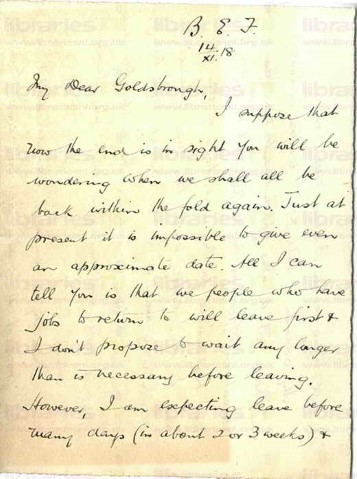 COU 047. Letter from Coulson to Goldsbrough 14 November 1918. France. Education Officer, lecturing on demobilisation, men hoping to get home. Page one of three. 