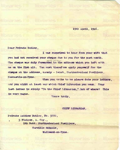 BUT 003. Letter from Elliott to Butler 19 April 1916. Wages sent. Page one of one.