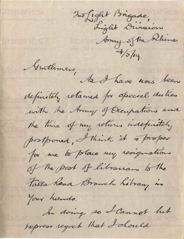 COU 052. Letter from Coulson to Goldsbrough and the Library Committee 4 May 1919. Retained for special duties, resignation. Page one of two.