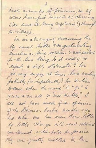 COU 035. Letter from Coulson to Elliott 6 June 1916. France. Eye injury, trenches, prisoners, naval battle, staff at war, soldiers. Page three of eight. 