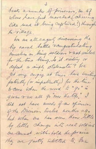COU 035. Letter from Coulson to Elliott 6 June 1916. France. Eye injury, trenches, prisoners, naval battle, staff at war, soldiers. Page three of eight. 