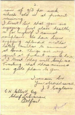 EAG 004. Letter from Eagleson to Elliott 17 April 1916. France. Wages. Page two of two.
