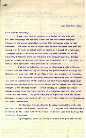 COU 038. Letter from Elliott to Coulson 16 December 1916. Rank, Germans, Simpson. Page one of two. 