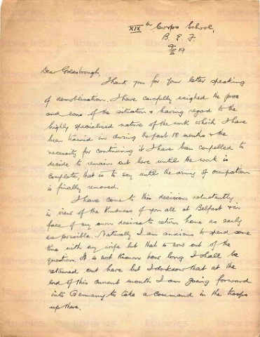 COU 050. Letter from Coulson to Goldsbrough 4 February 1919. France. Staying to complete work, going to Germany, Belfast strikes. Page one of two. 