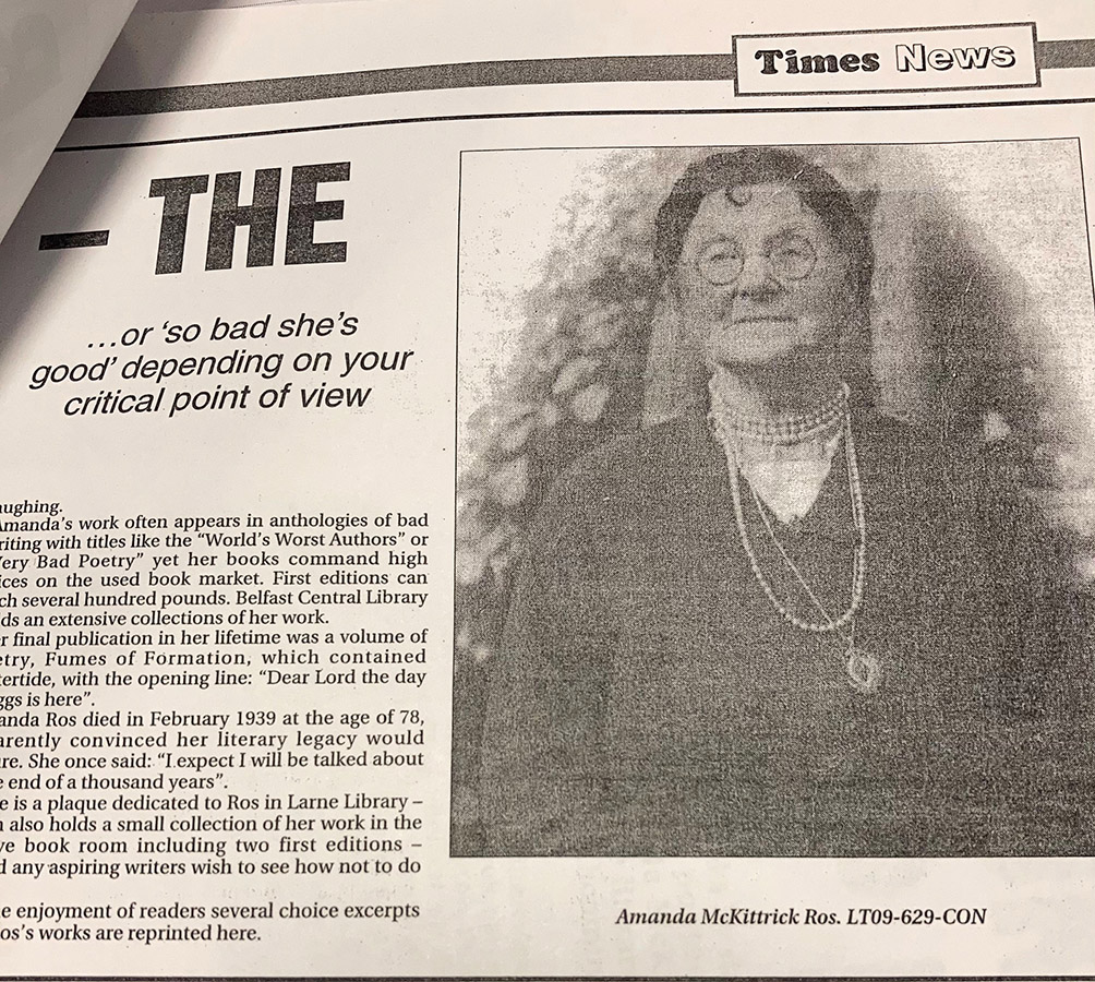 Newspaper article with Amanda McKittrick Ros