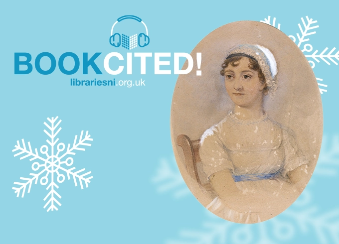 Feature tile showing a new Bookcited podcast episode about Jane Austen; brought to you by Libraries NI