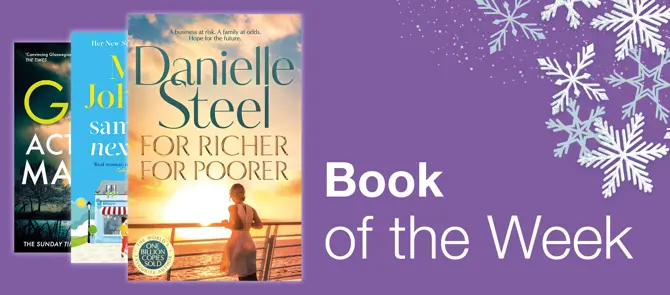 Small banner with the Book of the Week which is For Richer For Poorer by Danielle Steel