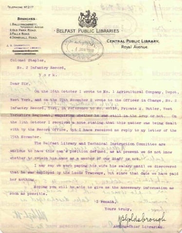 BUT 022. Letter from Goldsbrough to Colonel Staples, No.2 Infantry Record 4 January 1918. Clarification on army position, wages. Page one of one. 