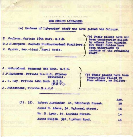 ADM 002. Members of the Libraries' Staff who have joined the Colours document 1 November 1915. Page one of one. 