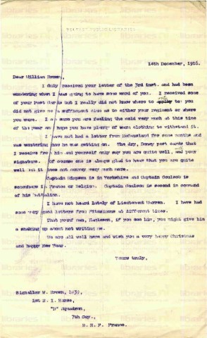 BRO 005. Letter from Elliott to Brown 14 December 1916. Postcards and other staff at war. Page one of one.  