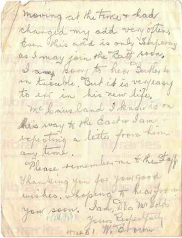 BRO 010. Letter from Brown to Goldsbrough 12 September 1917. Transferred to Royal Irish Fusiliers, infantry, other staff at war. Page three of three.