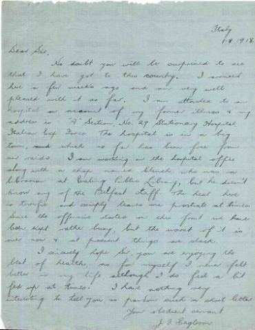 EAG 018. Letter from Eagleson to Goldsbrough 1 August 1918. Italy. Working in a hospital, met man from Ealing Library. Page one of one. 