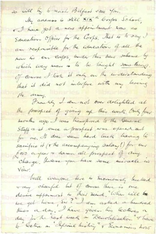 COU 047. Letter from Coulson to Goldsbrough 14 November 1918. France. Education Officer, lecturing on demobilisation, men hoping to get home. Page two of three. 