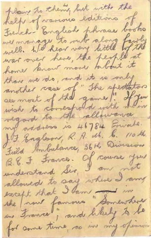 EAG 001. Letter from Eagleson to Elliott 31 October 1915. France. Allowance stopped, French. Page four of five. 