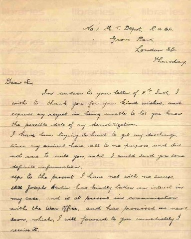 ORO 011. Letter from O'Rourke to Goldsbrough 1 January 1919. Grove Park, London. Demobilization, Joseph Devlin. Page one of two. 