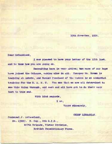 McC 005. Letter from Elliott to McCausland 19 November 1915. Recruiting (war), staff 'joining the Colours'. Page one of one. 