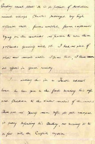 McC 002. Letter from McCausland to Elliott 1 October 1915. France. Trenches, effect of war on landscape and French people, graves. Page two of four. 