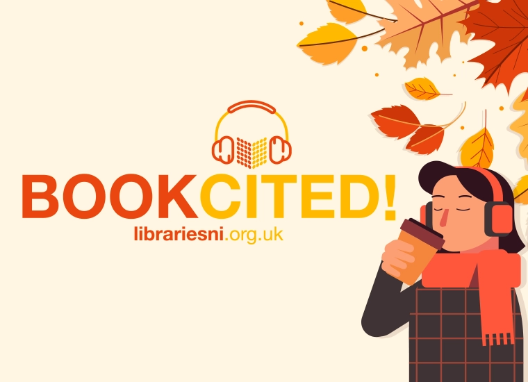 Bookcited Podcast with graphic of person listening wearing headphones and drinking a coffee