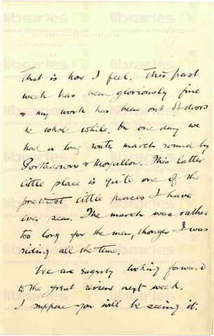 COU 012. Letter from Coulson to Elliott 30 April 1915. Lurgan. Working outdoors, review. Page two of three. 