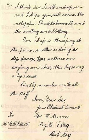 BRO 001. Letter from Brown to Elliott 17 November 1915. Training in Antrim. Page ten of ten.