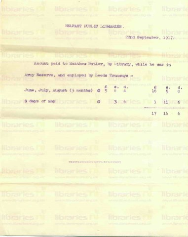 BUT 016v2. Document 22 September 1917. Amount Paid to Matthew Butler. Page one of one. Duplicate.