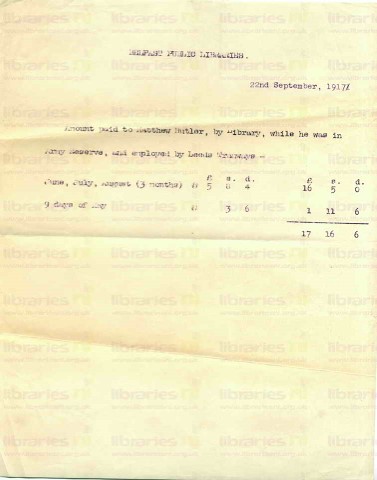 BUT 016. Document 22 September 1917. Amount Paid to Matthew Butler. Page one of one. 