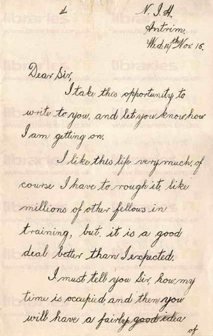 BRO 001. Letter from Brown to Elliott 17 November 1915. Training in Antrim. Page one of ten.