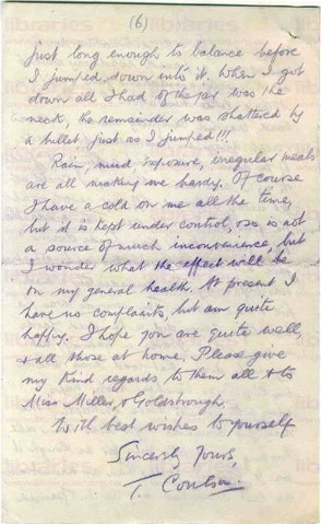 COU 029. Letter from Coulson to Elliott 22 January 1916. France. Trenches. Page six of six. 