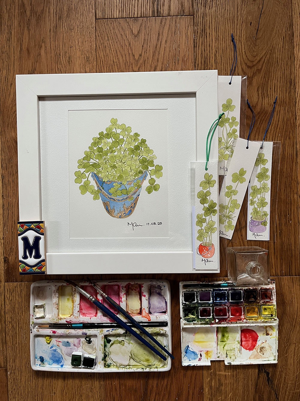 Water colour painting and paints and brushes