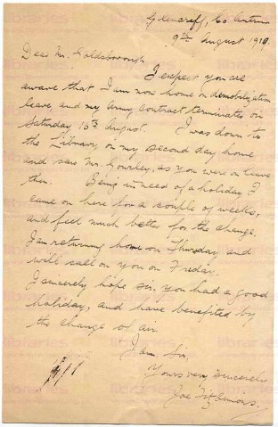 FIT 031. Letter from Fitzsimons to Goldsbrough 9 August 1919. Glenariff, Co. Antrim. Demobilization, home. Page one of one.