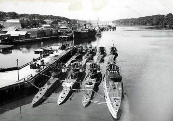 A black and white photograph of some U Boats