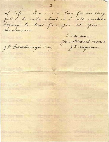 EAG 011. Letter from Eagleson to Goldsbrough 4 May 1917. France. Weather, other staff at war, library matters. Page two of two. 