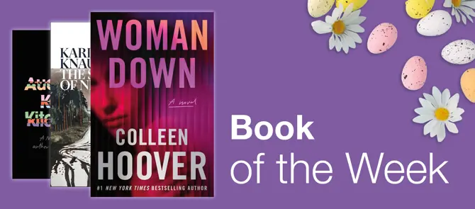 Small banner showing Book of the Week which is Woman by Colleen Hoover