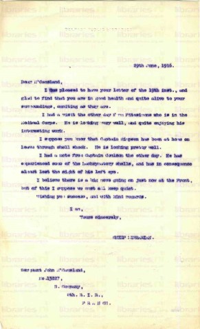 McC 008. Letter from Elliott to McCausland 29 June 1916. Other staff at war. Page one of one. 