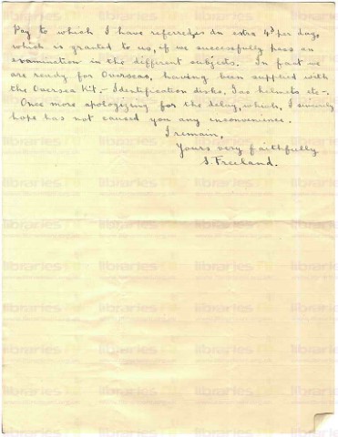 FRE 001. Letter from Freeland to Elliott 14 April 1916. Salisbury Plain. Separation allowance. Page two of two. 