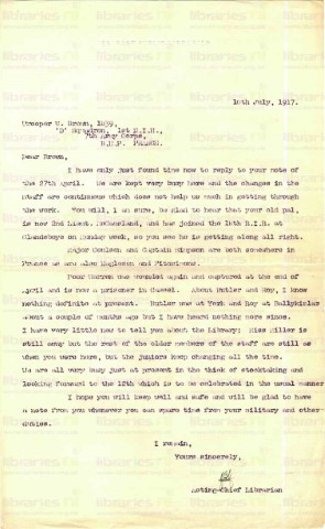 BRO 008. Letter from Goldsbrough to Brown 10 July 1917. Library matters, other staff at war. Page one of one. 