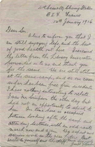 FIT 004. Letter from Fitzsimons to Elliott 14 January 1916. France. Camp. Page one of one. 