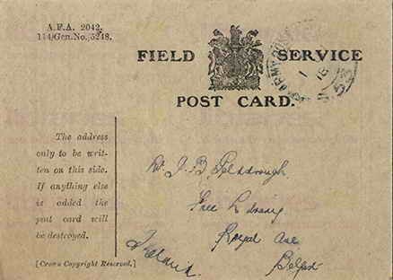 McC 019. Field Service Postcard from McCausland to Goldsbrough 30 May 1918. I have been admitted into hospital. Page one of two. 