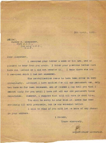 ALE 007. Letter from Goldsbrough to Alexander 5 April 1919. Demobilisation. Page one of one. 