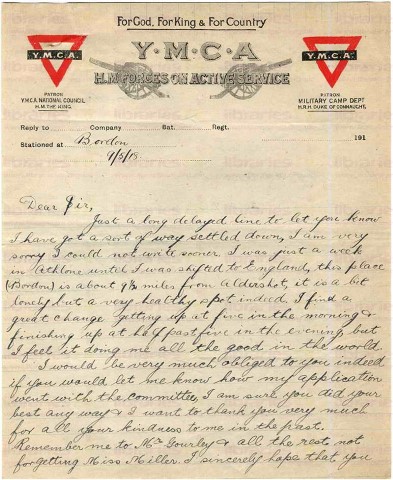 ALE 003. Letter from Alexander to Goldsbrough 09 May 1918. Bordon, Hampshire. Application to the Committee. Page one of two. 
